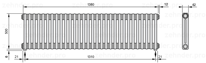 Схема (чертеж) Радиатор Zehnder Charleston 2050/30 №3570 Белый глянцевый RAL 9016